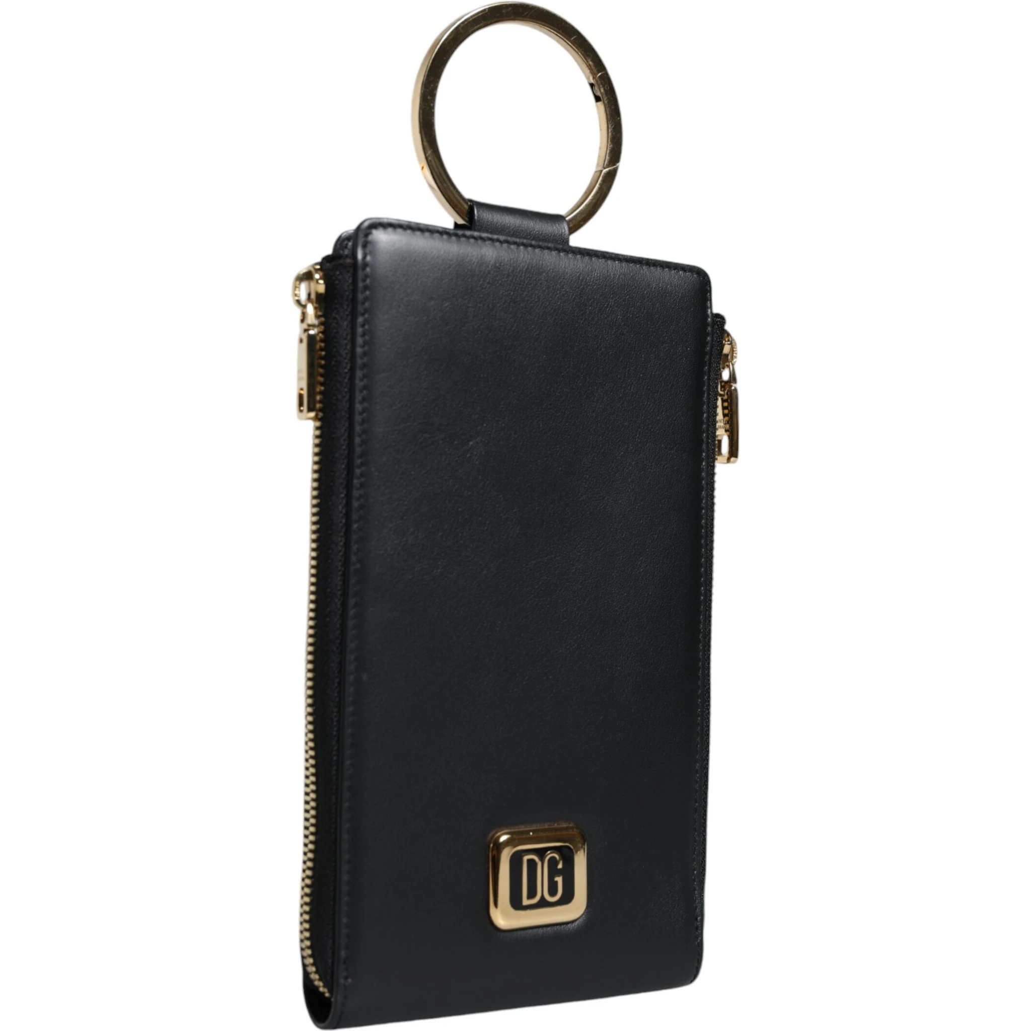 Black Leather Logo Plaque Neck Strap Card Coin Wallet