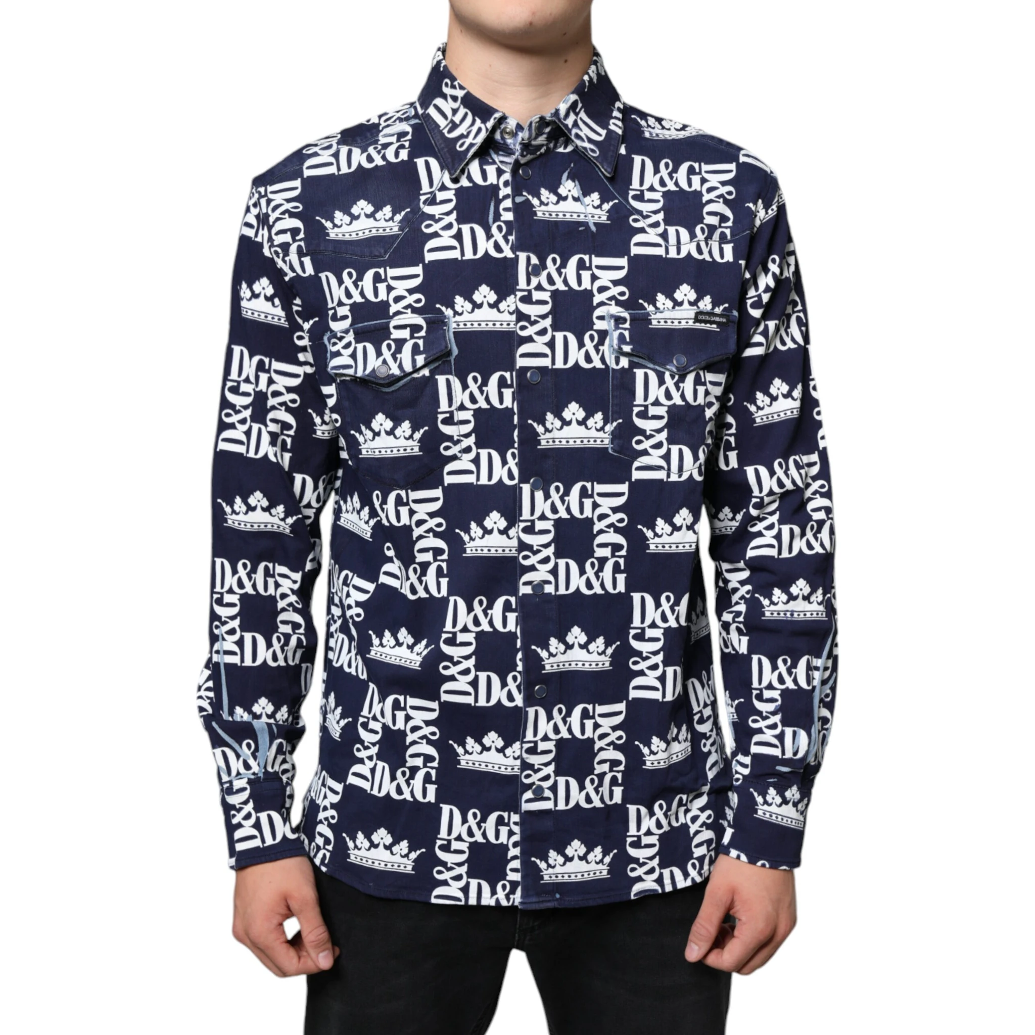 Blue Crown Logo Print Slim Fit Cotton Shirt