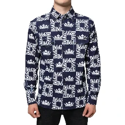 Blue Crown Logo Print Slim Fit Cotton Shirt