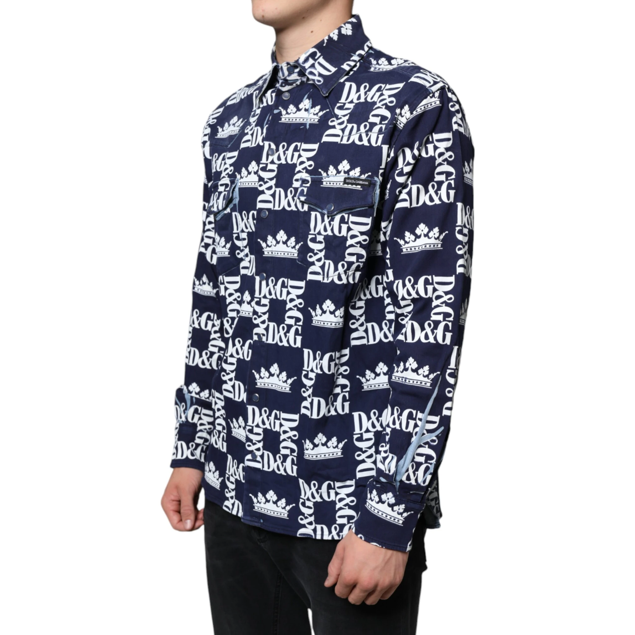 Blue Crown Logo Print Slim Fit Cotton Shirt