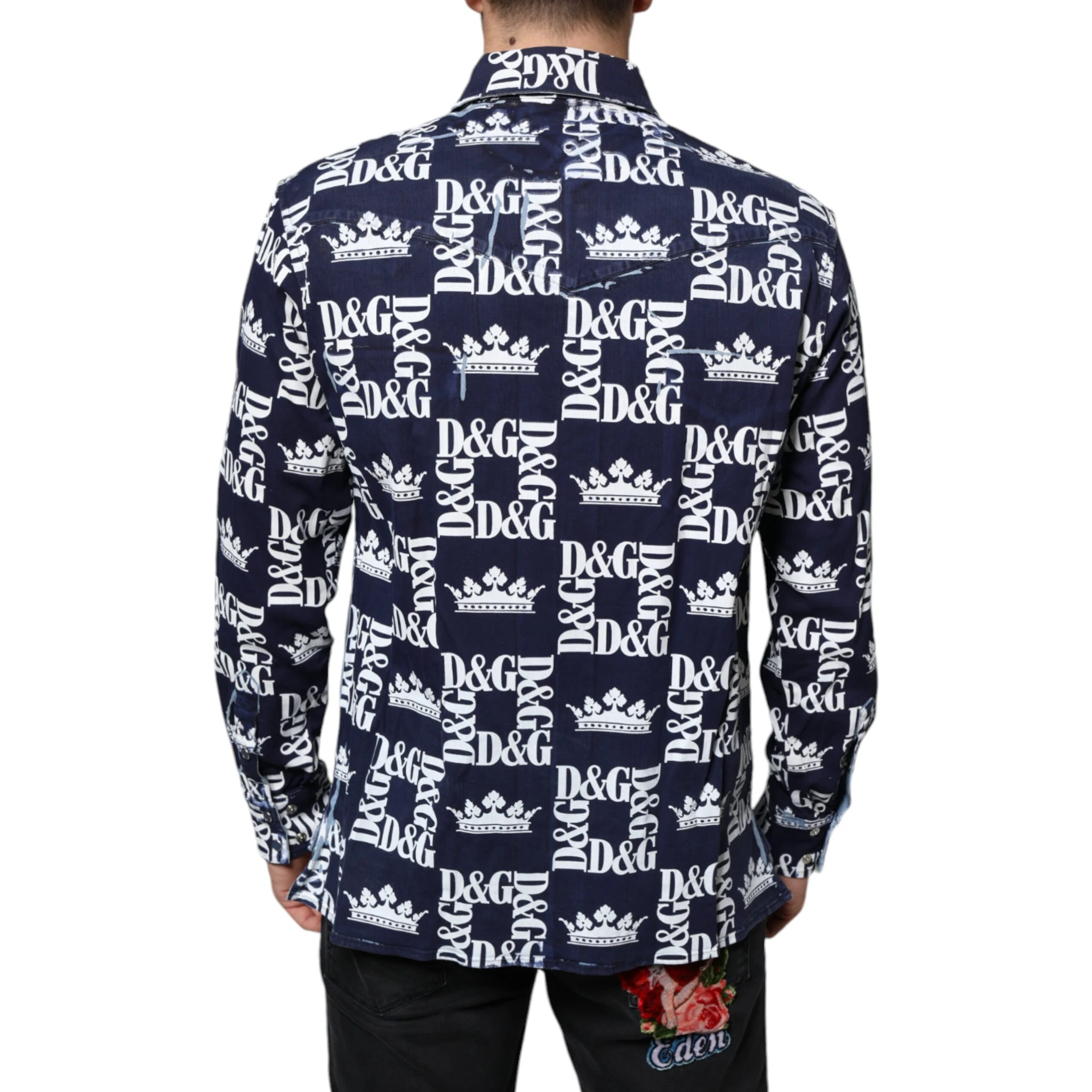 Blue Crown Logo Print Slim Fit Cotton Shirt