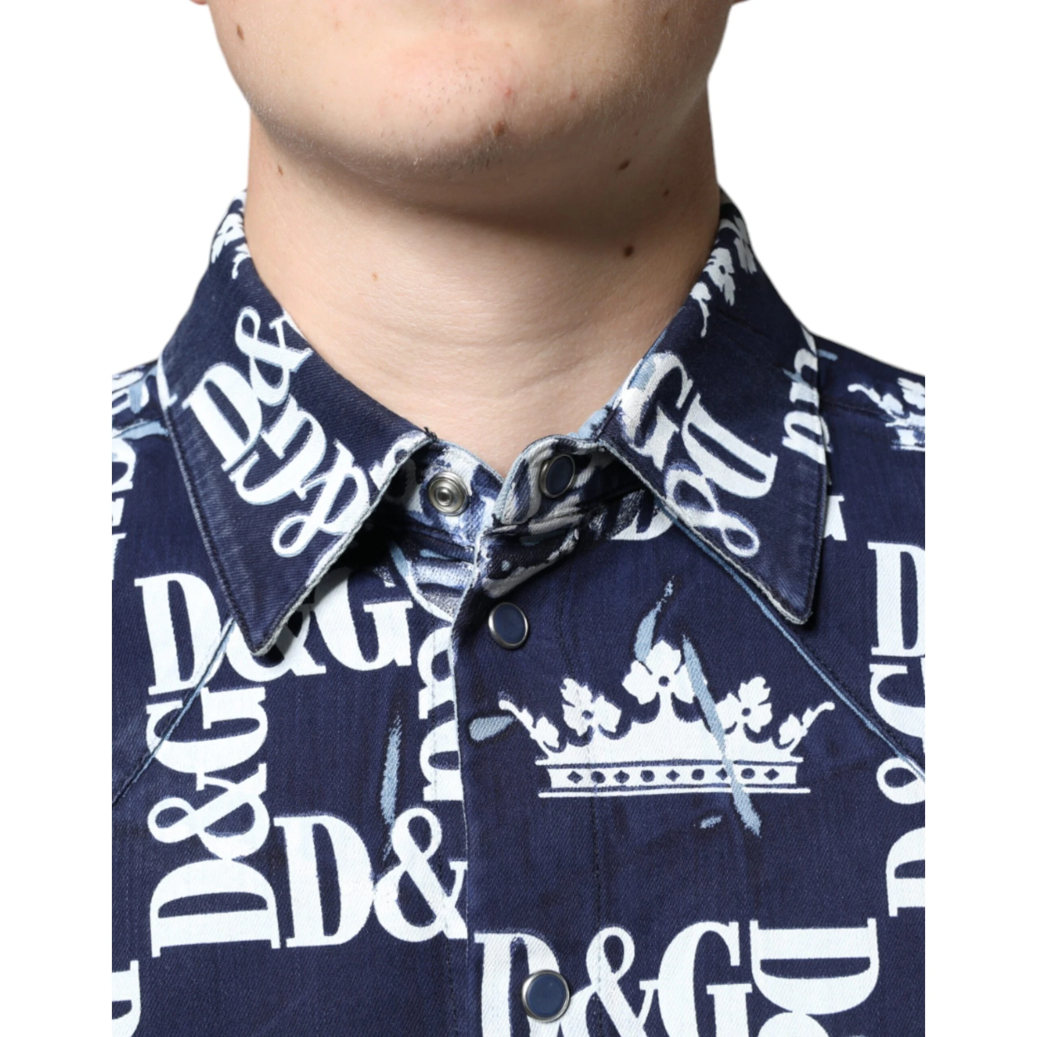 Blue Crown Logo Print Slim Fit Cotton Shirt