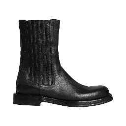 Black Horse Leather Mid Calf Boots Shoes
