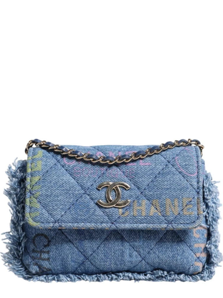 Denim Mood Flap Micro Logo Printed Fringed Shoulder Bag
