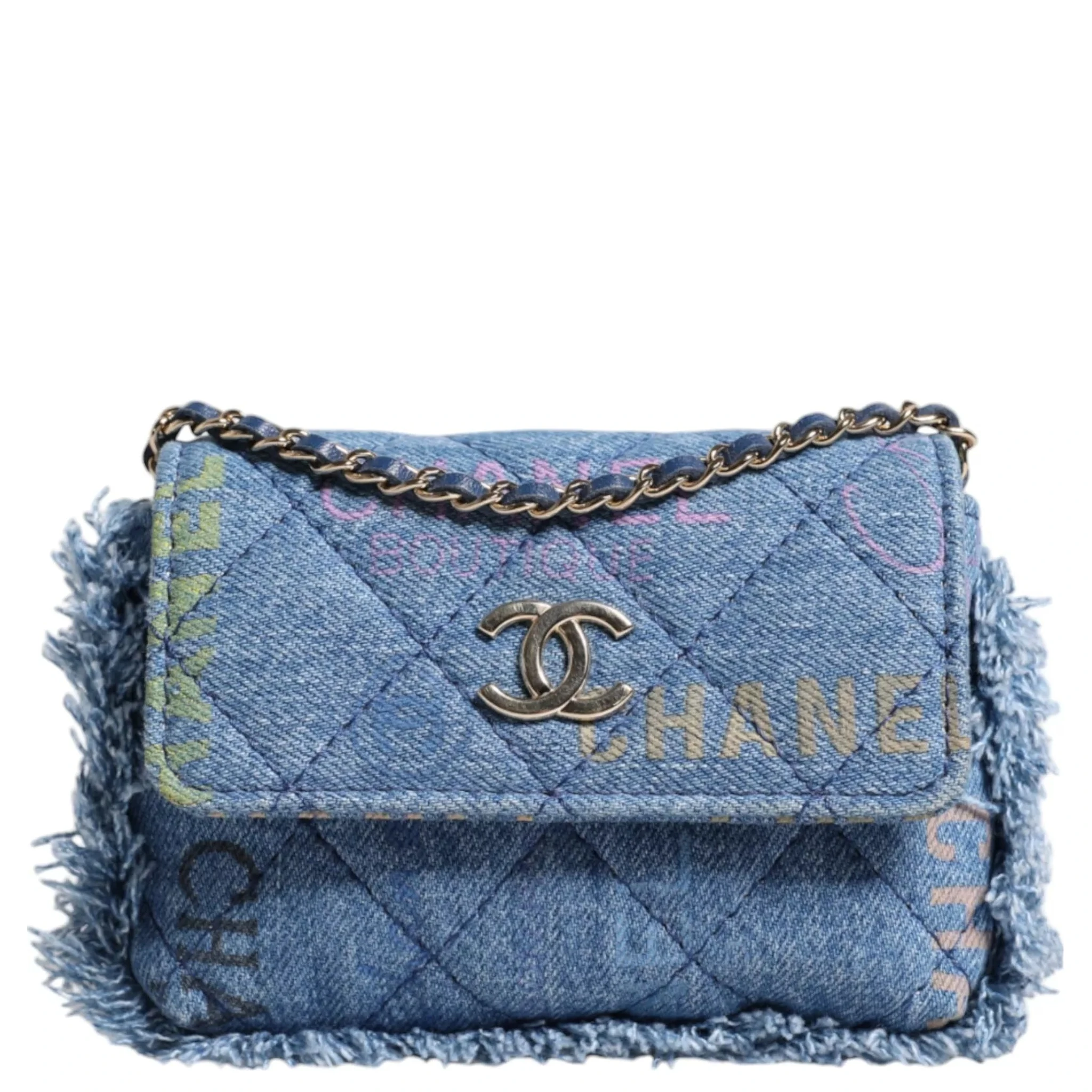 Denim Mood Flap Micro Logo Printed Fringed Shoulder Bag