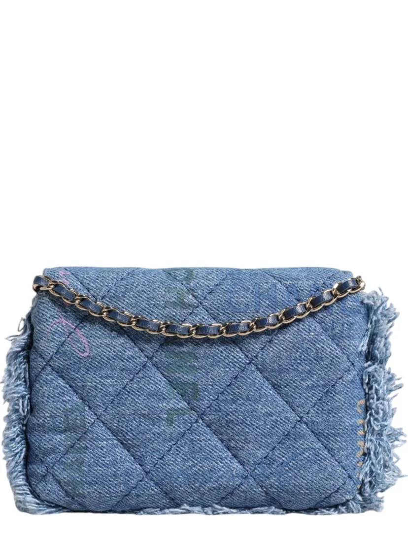Denim Mood Flap Micro Logo Printed Fringed Shoulder Bag