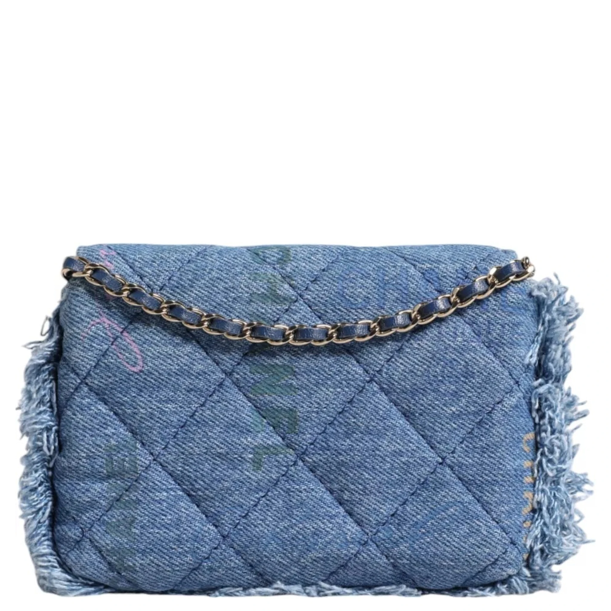 Denim Mood Flap Micro Logo Printed Fringed Shoulder Bag