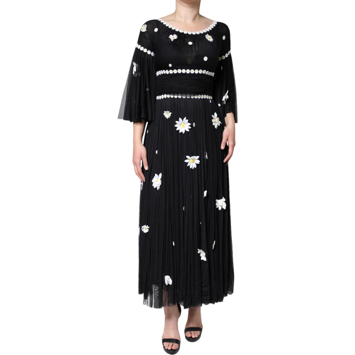 Black Silk Daisy A-line Long Maxi Dress