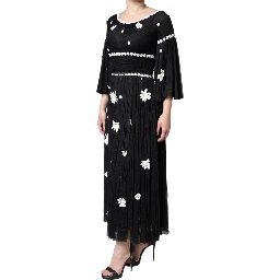 Black Silk Daisy A-line Long Maxi Dress