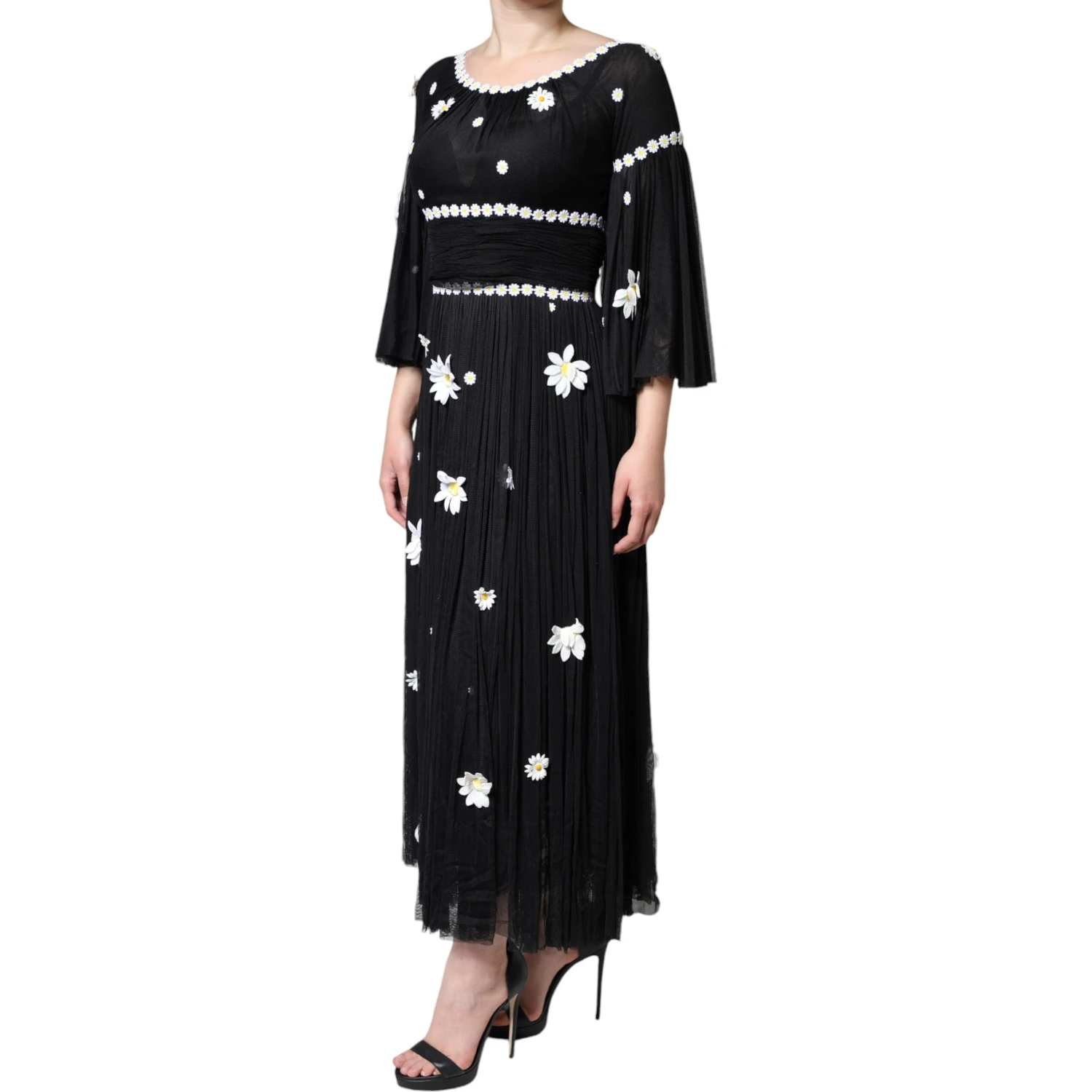 Black Silk Daisy A-line Long Maxi Dress