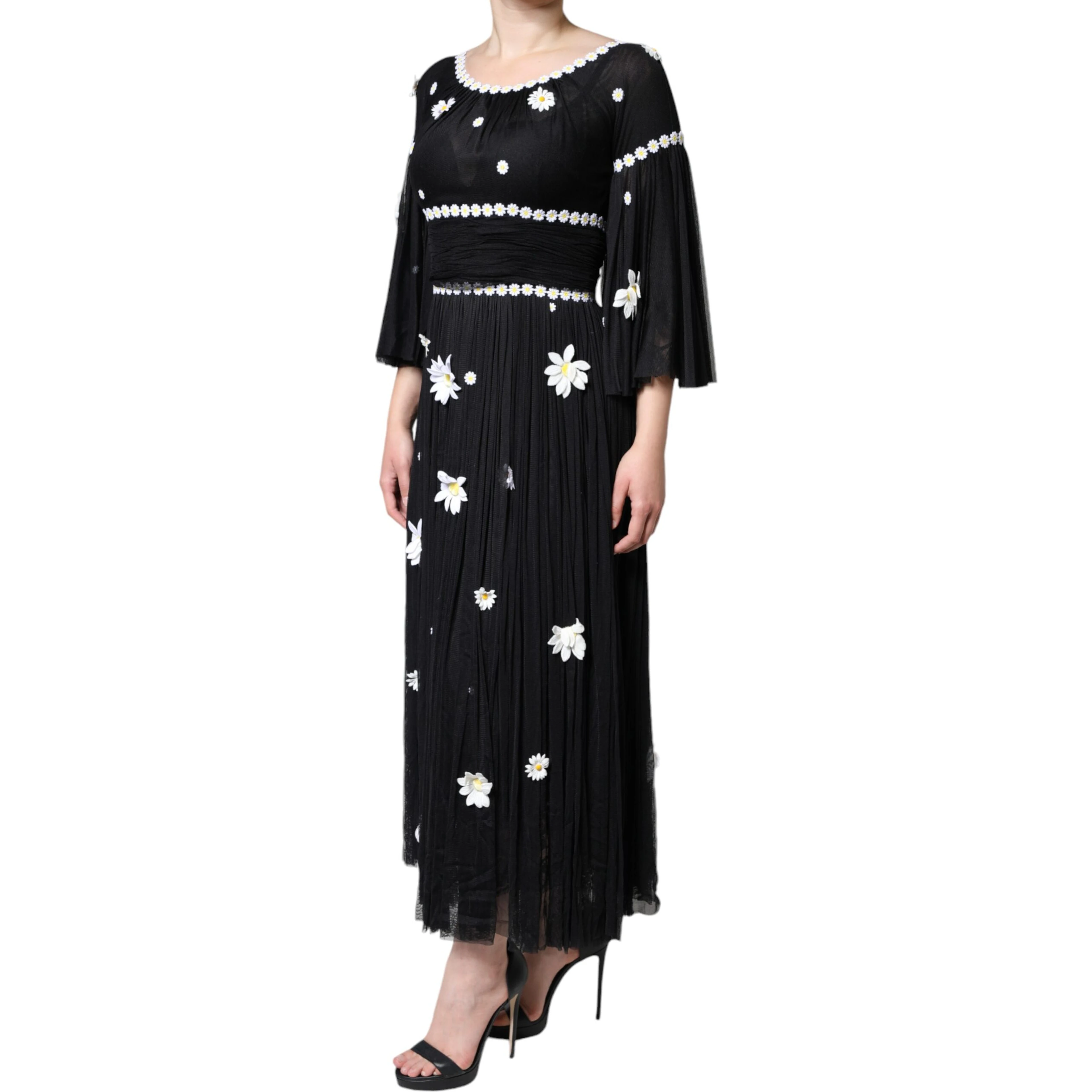 Black Silk Daisy A-line Long Maxi Dress