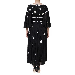 Black Silk Daisy A-line Long Maxi Dress