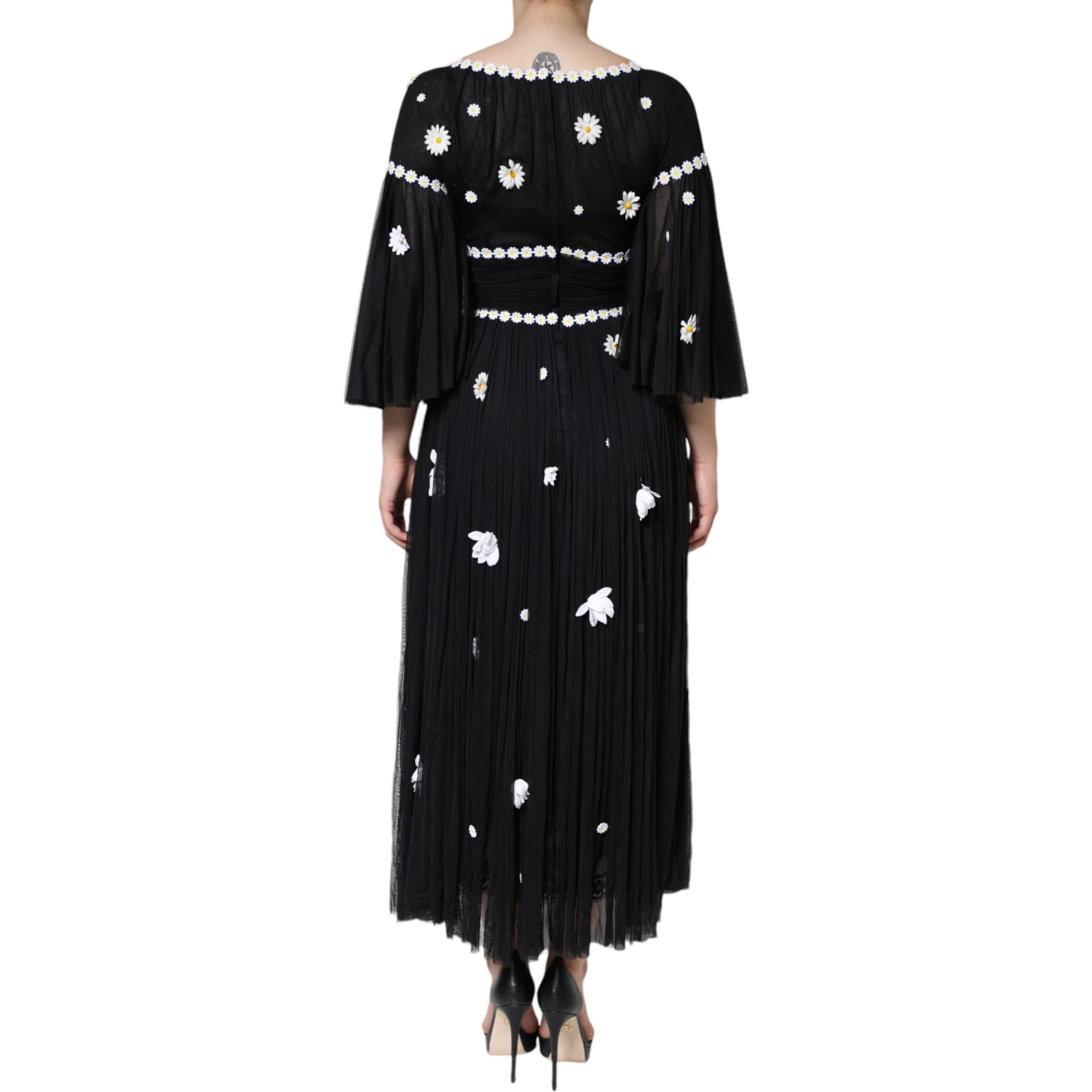Black Silk Daisy A-line Long Maxi Dress