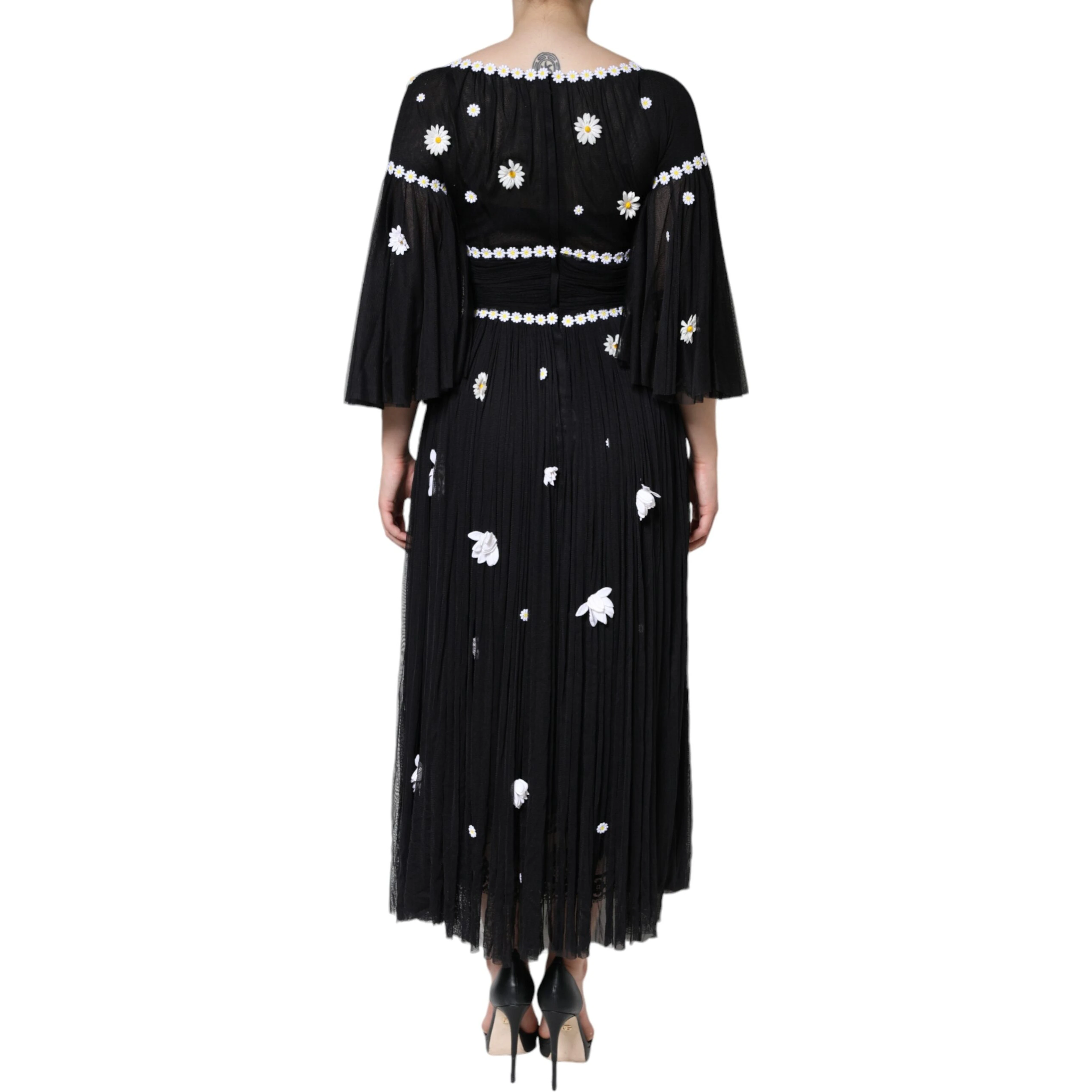 Black Silk Daisy A-line Long Maxi Dress