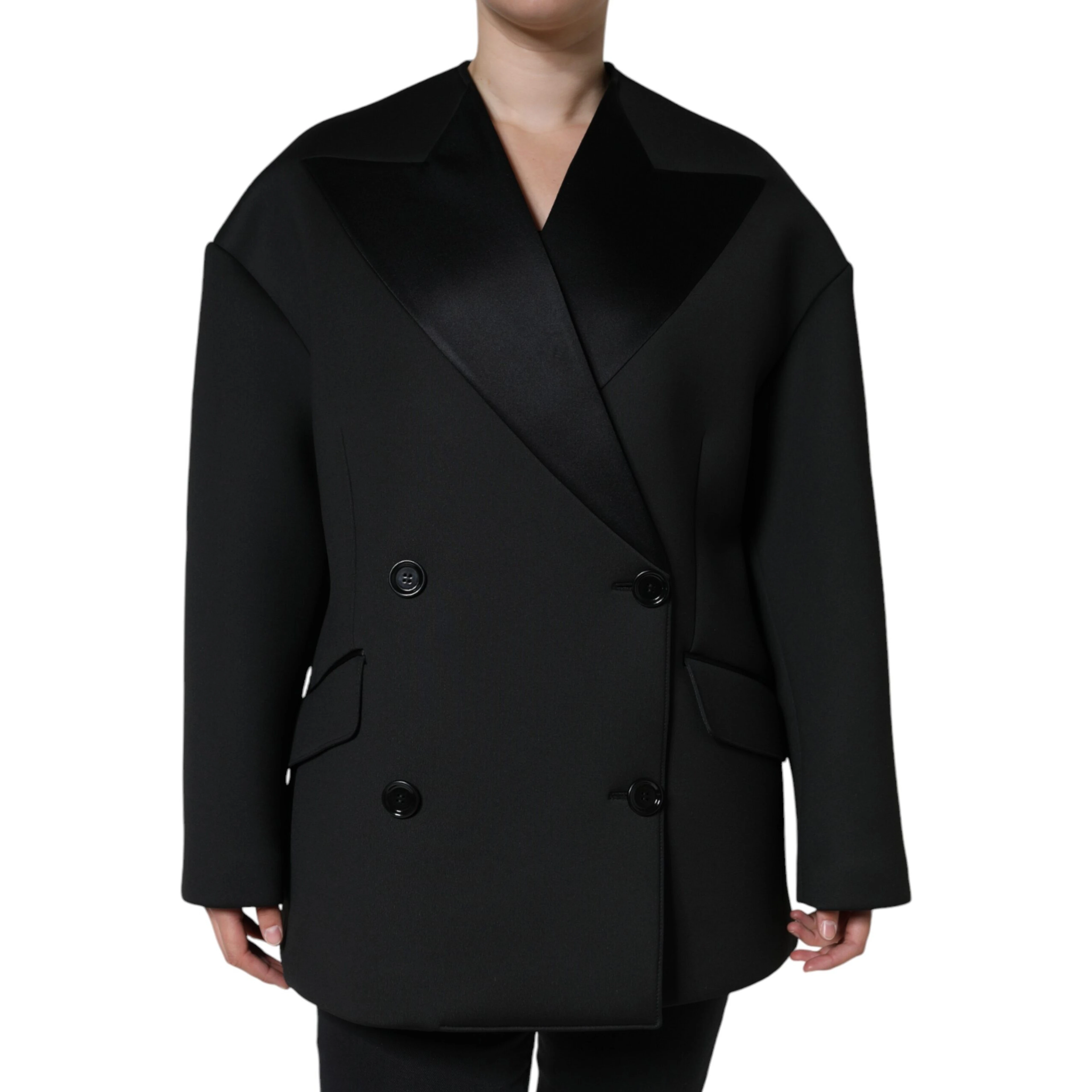 Black Polyester Double Breasted Coat Jacket