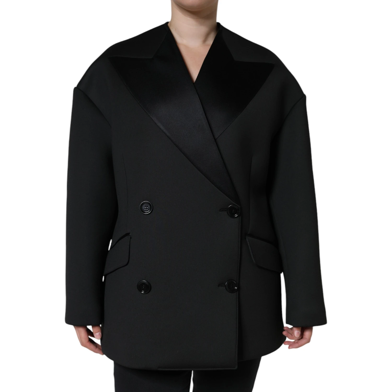 Black Polyester Double Breasted Coat Jacket