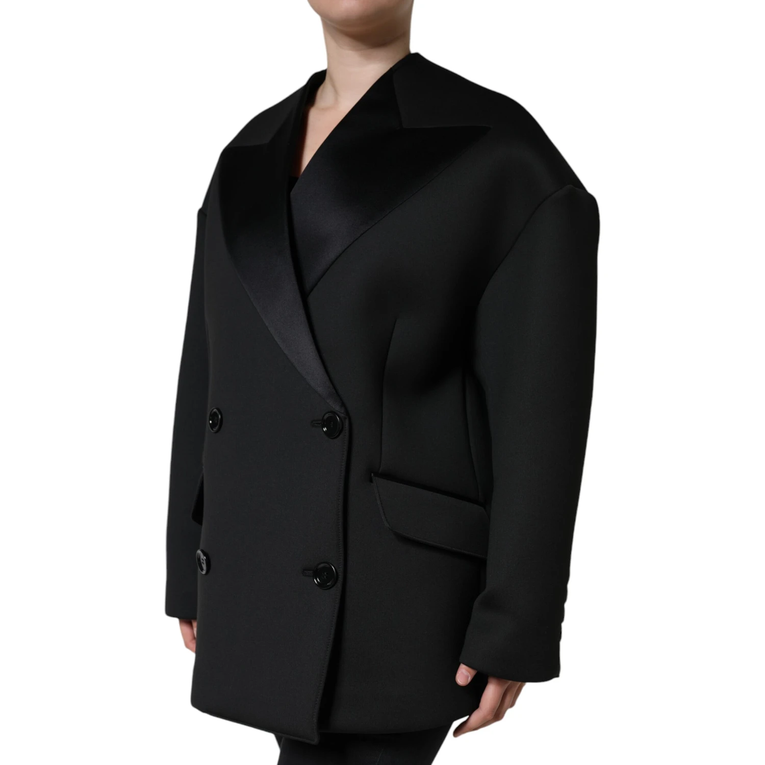 Black Polyester Double Breasted Coat Jacket