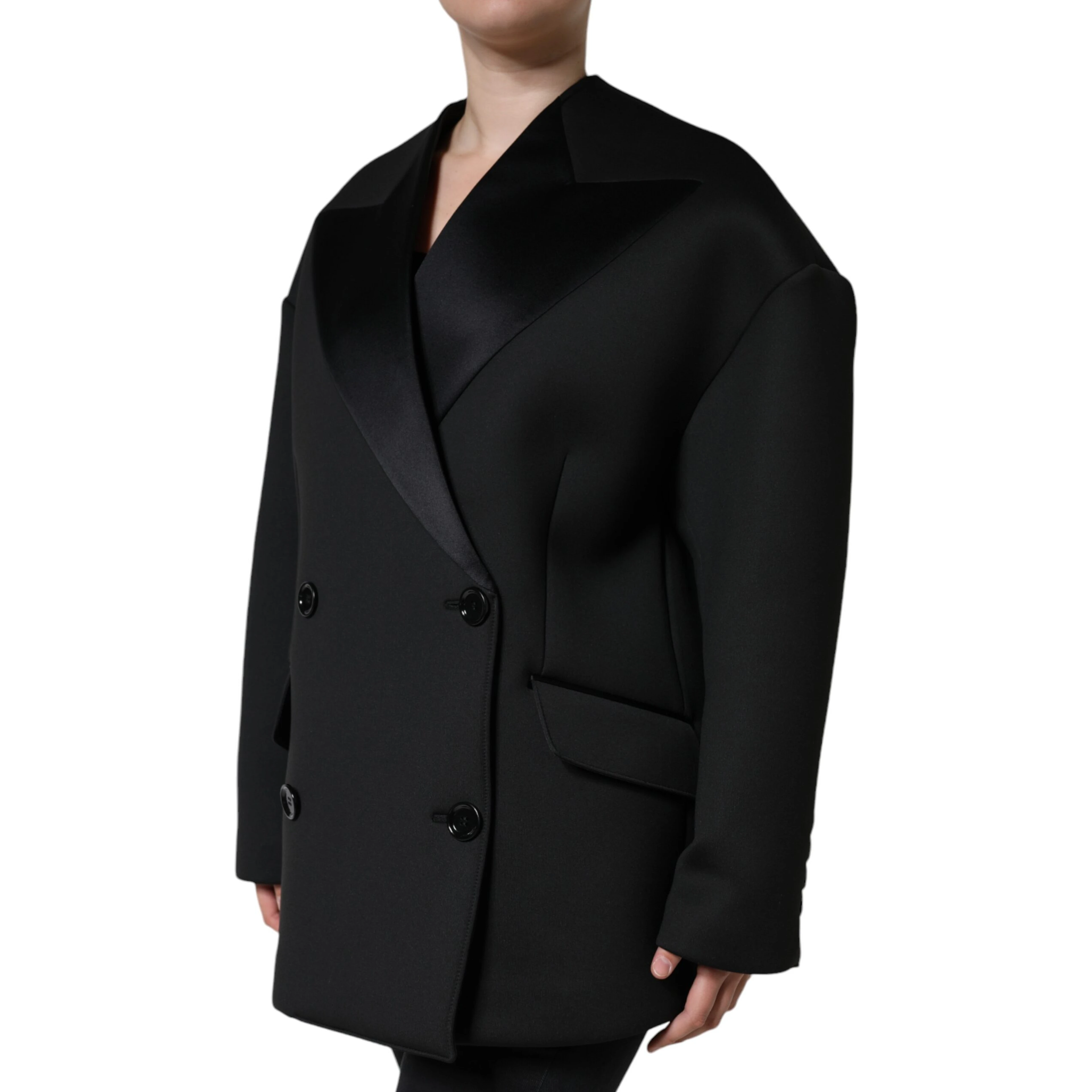 Black Polyester Double Breasted Coat Jacket