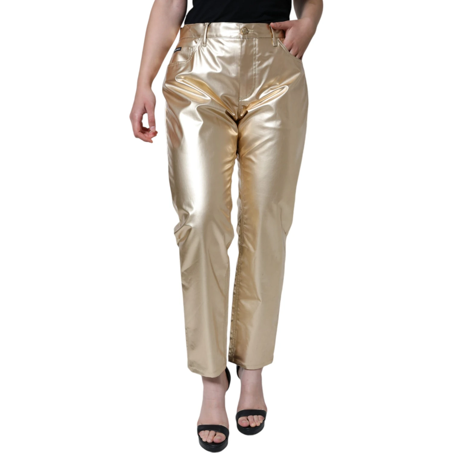 Metallic Gold Polyester Tapered Pants