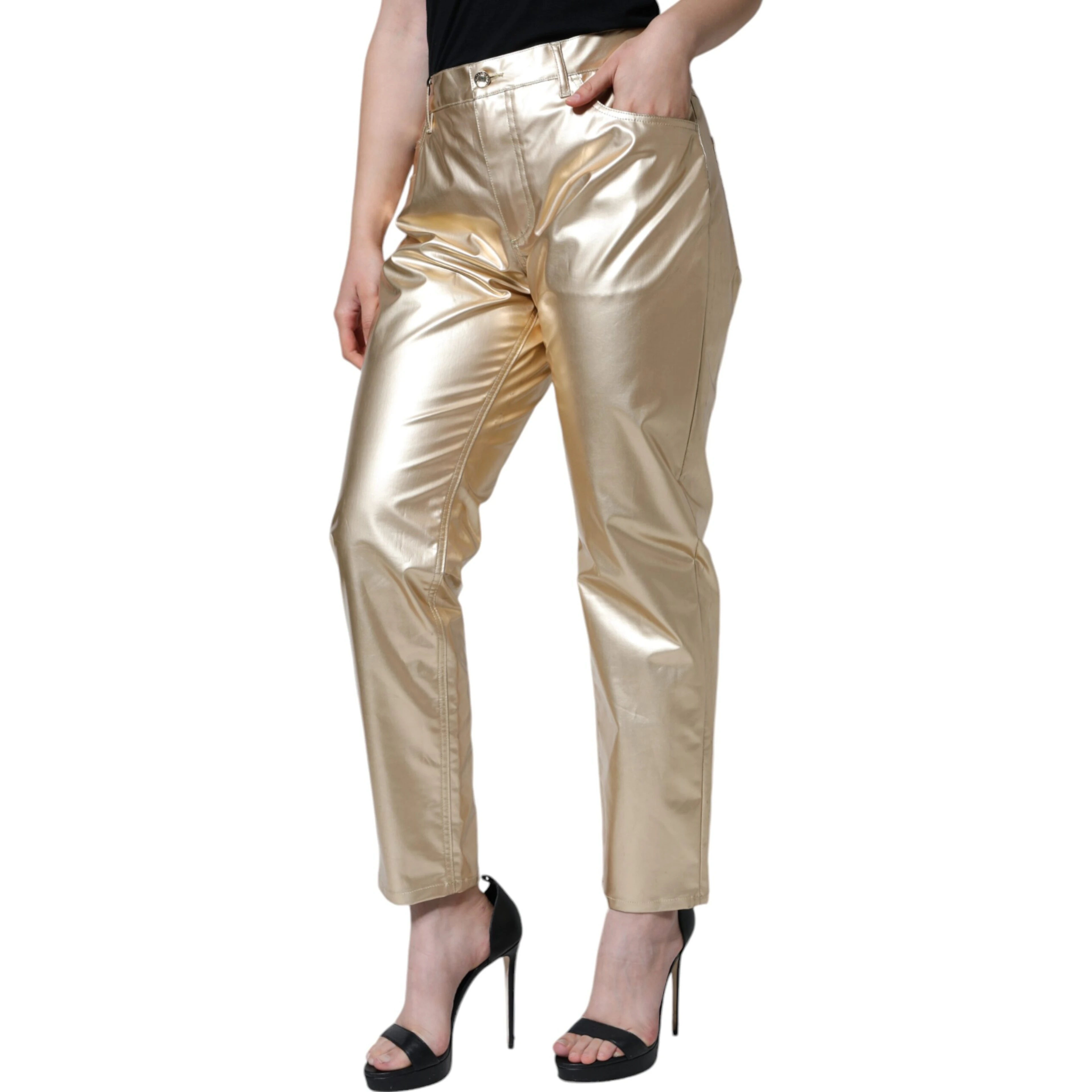 Metallic Gold Polyester Tapered Pants