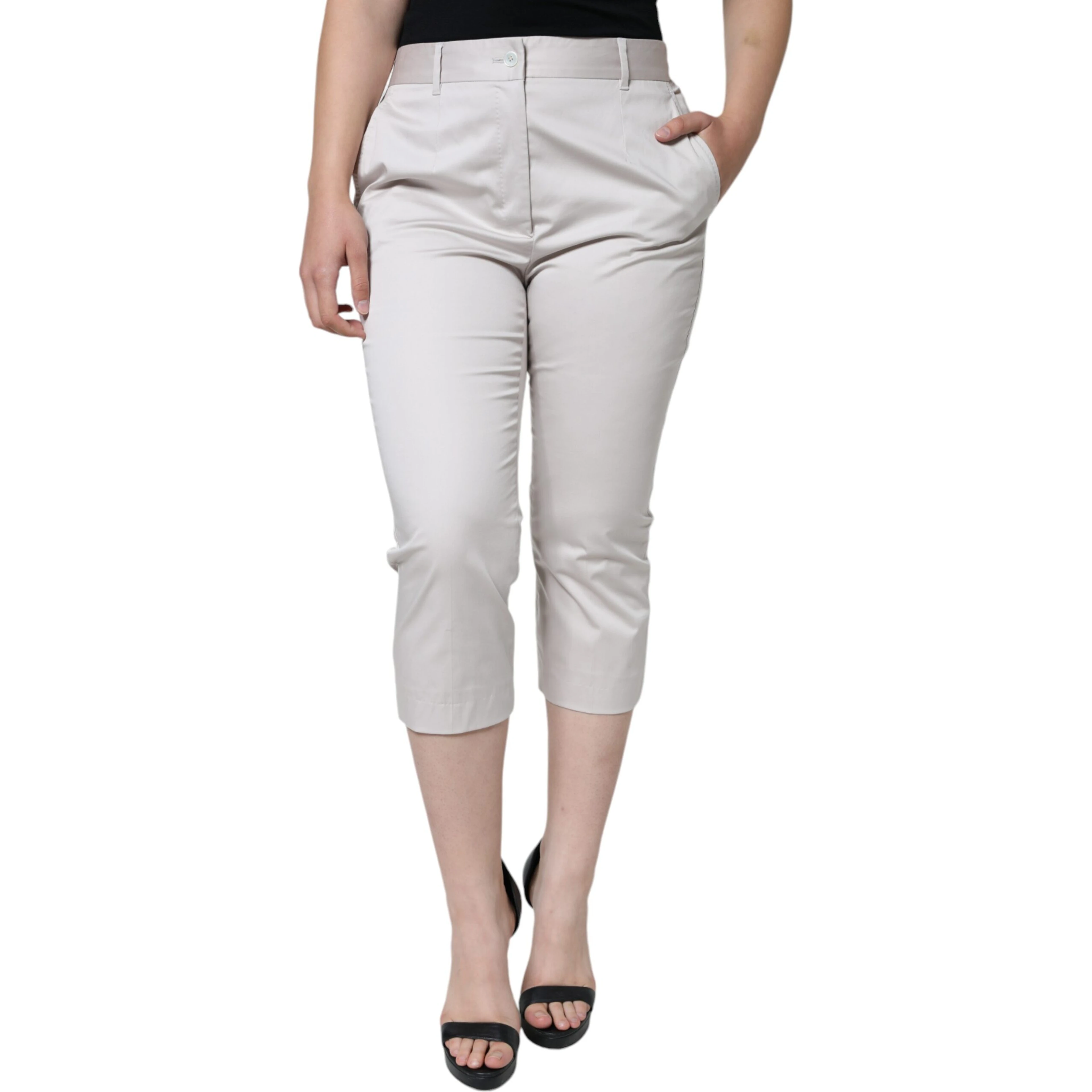 White Cotton Mid Waist Cropped Skinny Pants