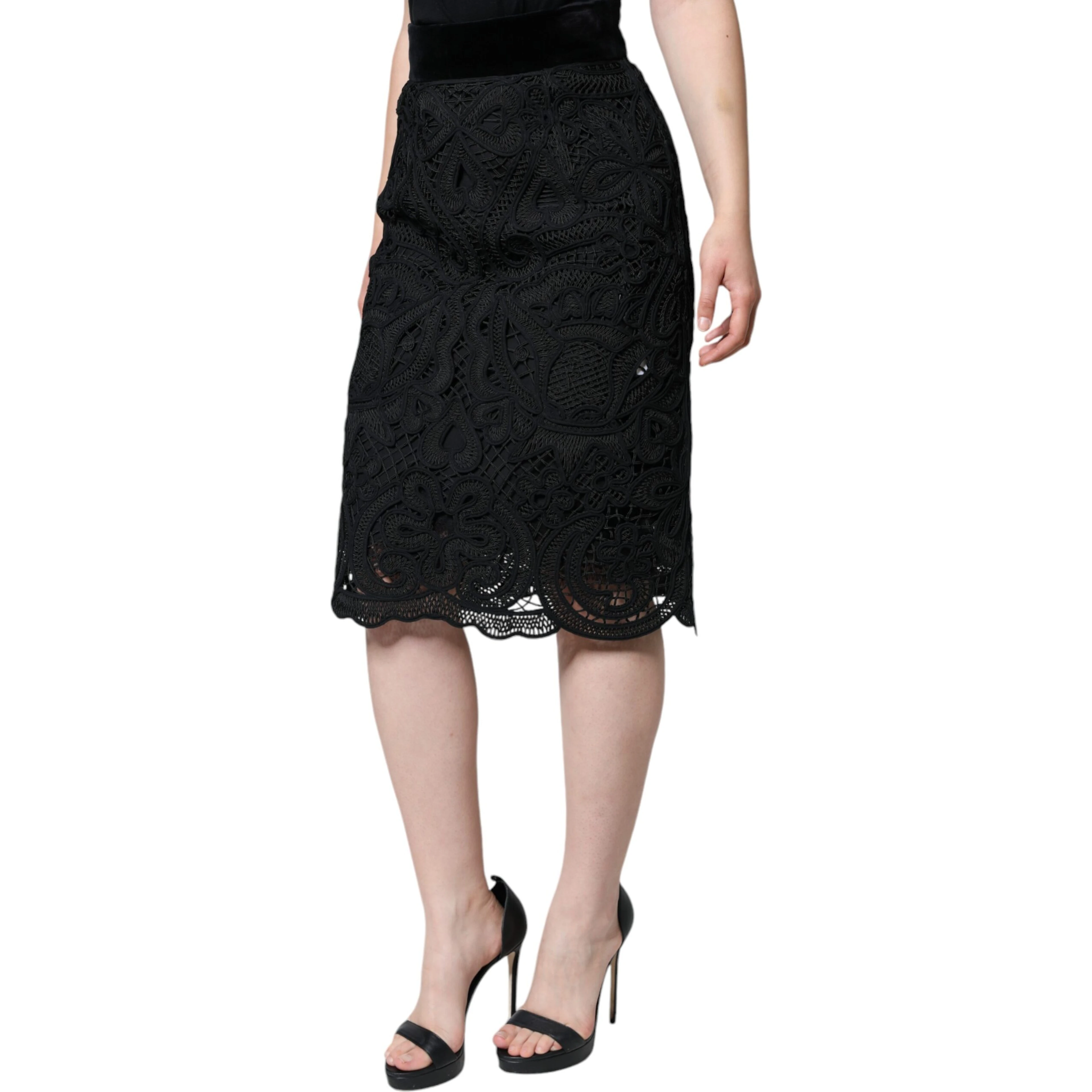Black Floral Lace High Waist Pencil Cut Skirt