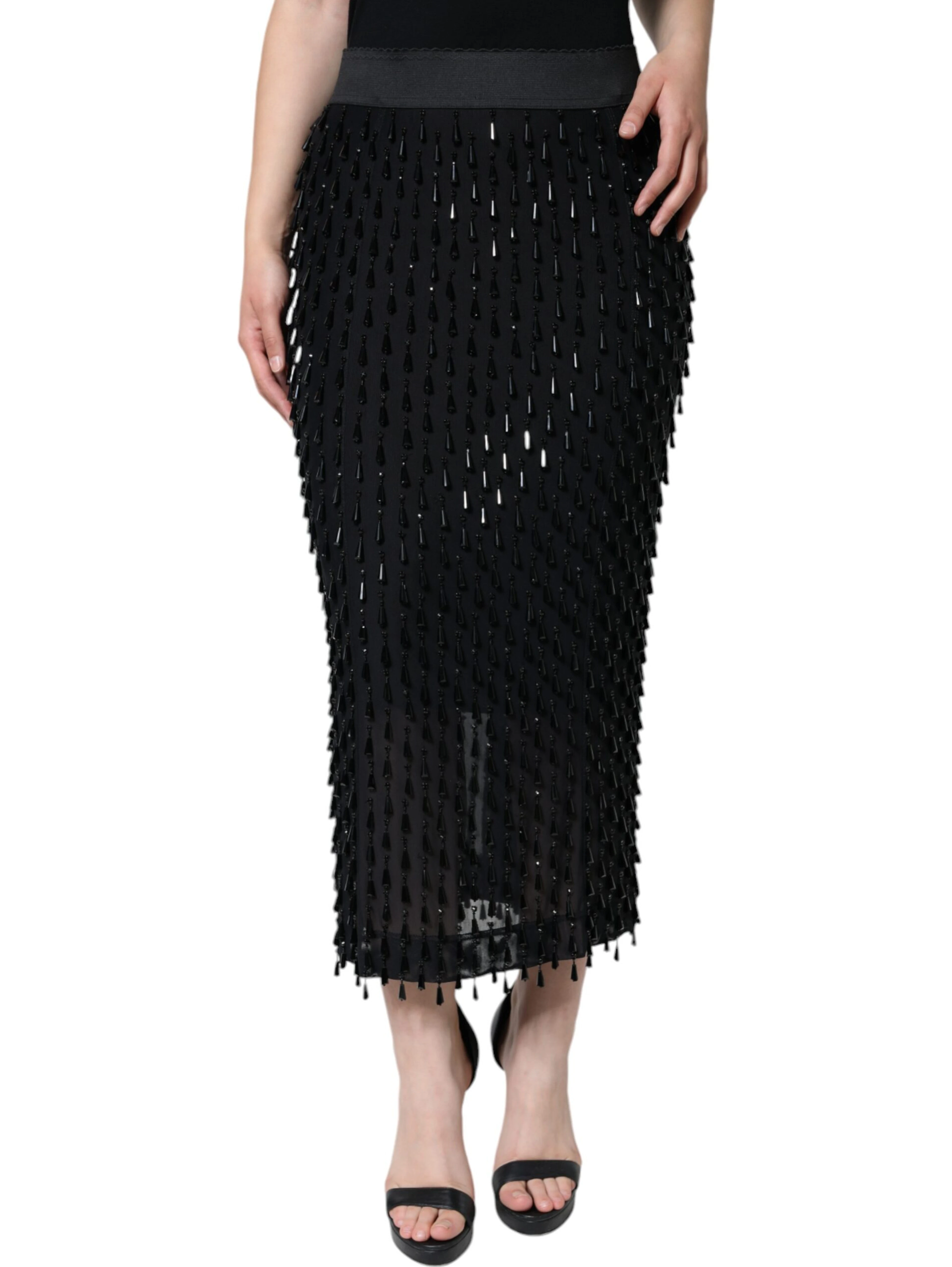 Black Embellished Pencil Cut Midi Skirt