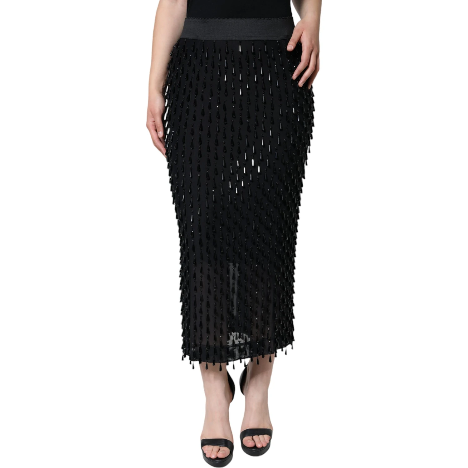 Black Embellished Pencil Cut Midi Skirt
