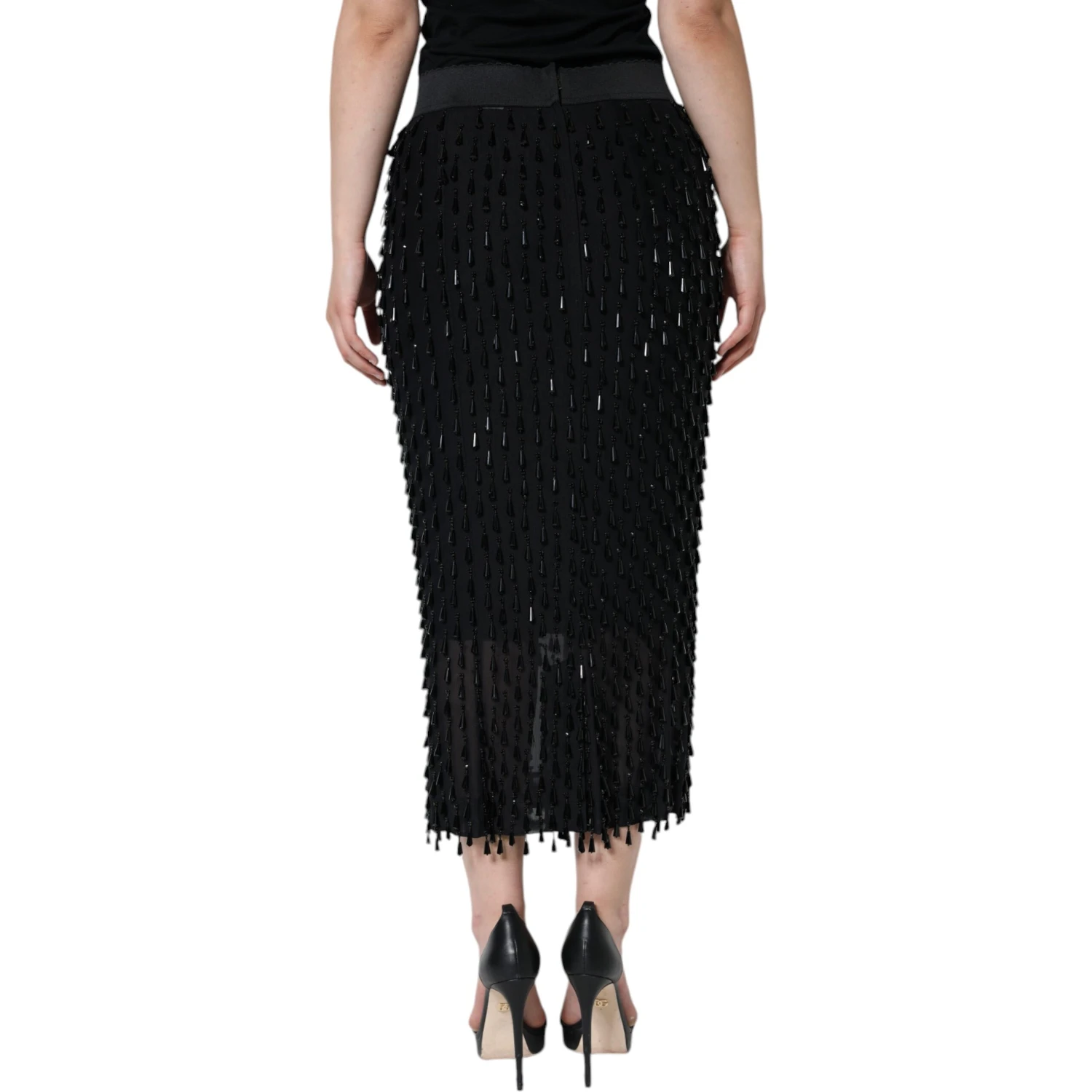 Black Embellished Pencil Cut Midi Skirt