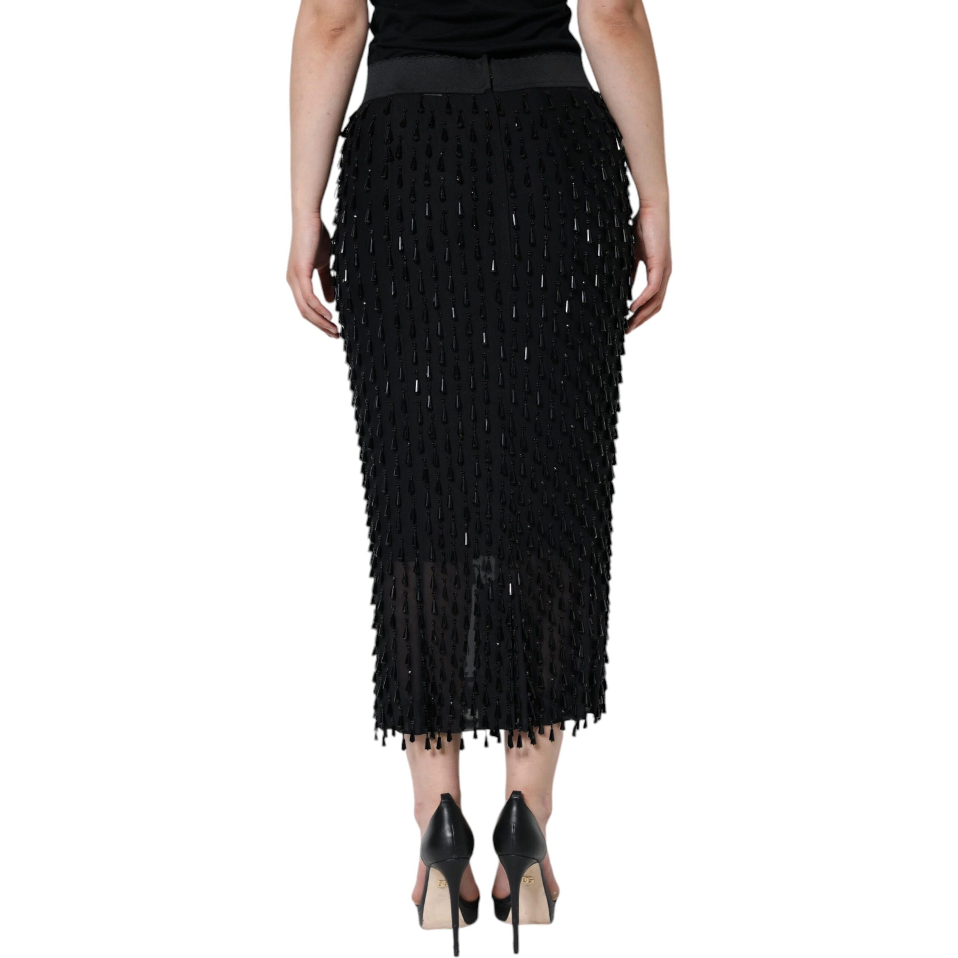 Black Embellished Pencil Cut Midi Skirt
