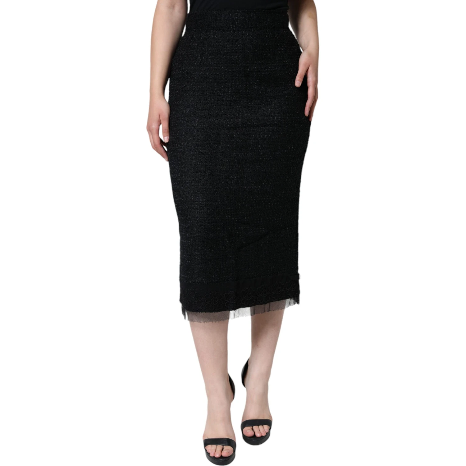 Black Virgin Wool Pencil Cut Midi Skirt