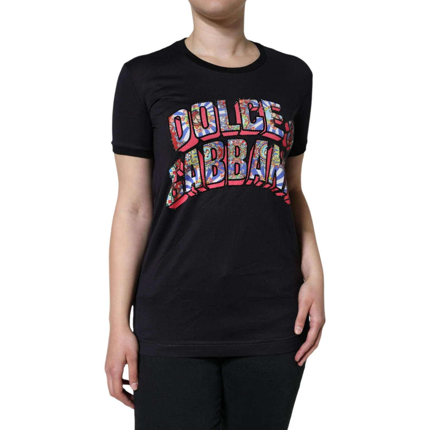 Black Cotton Logo Print Round Neck T-shirt