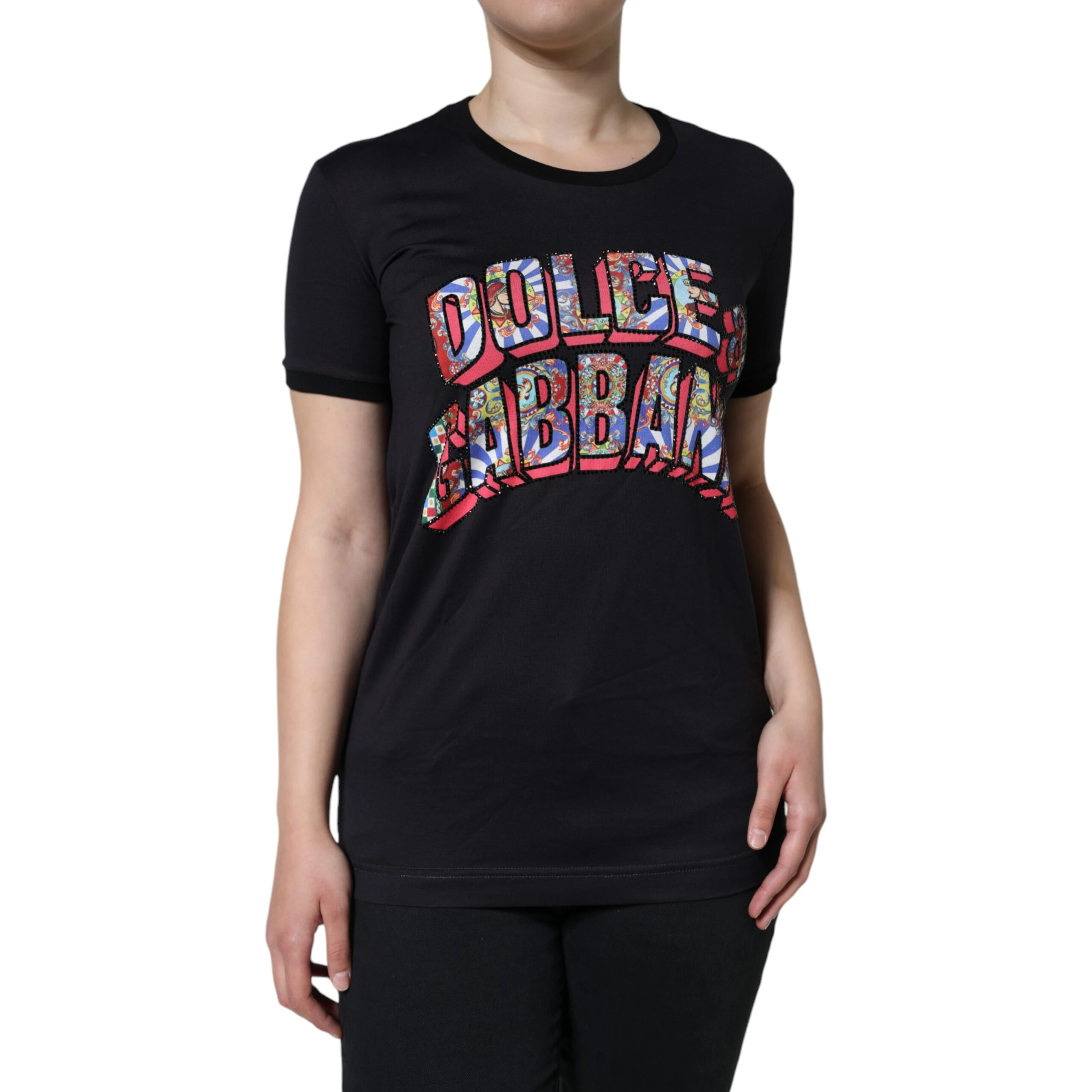 Black Cotton Logo Print Round Neck T-shirt