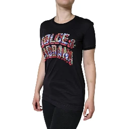 Black Cotton Logo Print Round Neck T-shirt