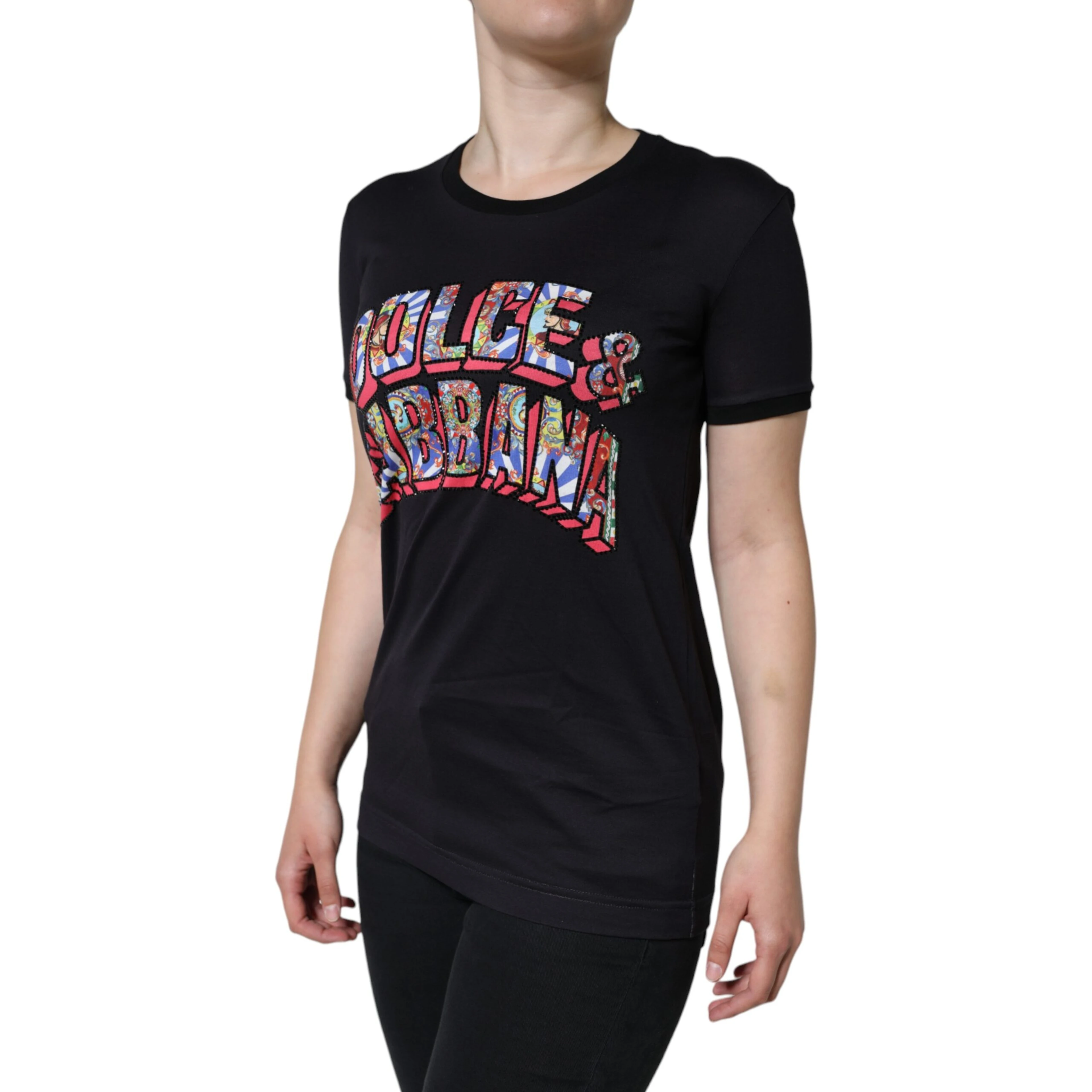 Black Cotton Logo Print Round Neck T-shirt