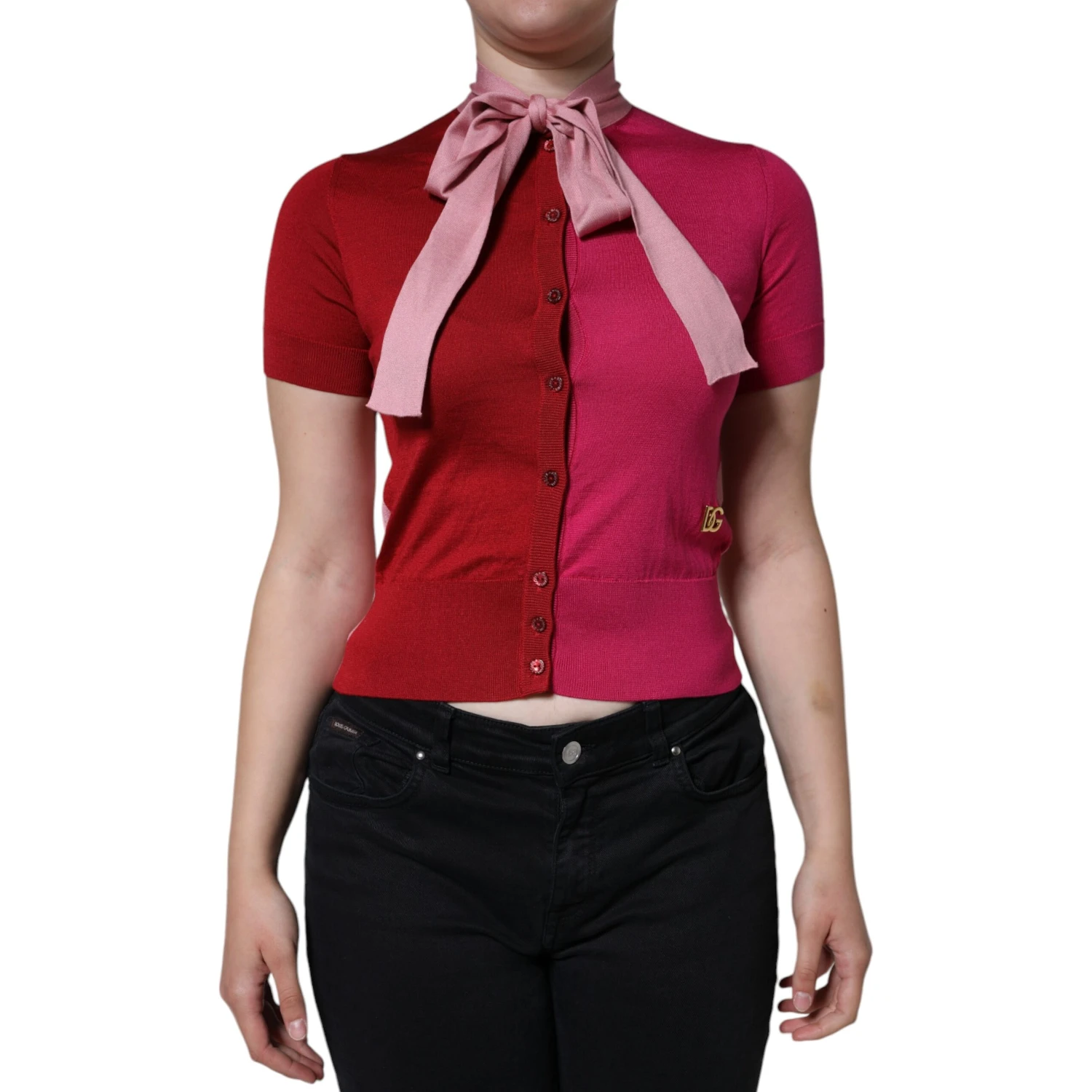 Pink Short Sleeves Pullover Ascot Collar Top