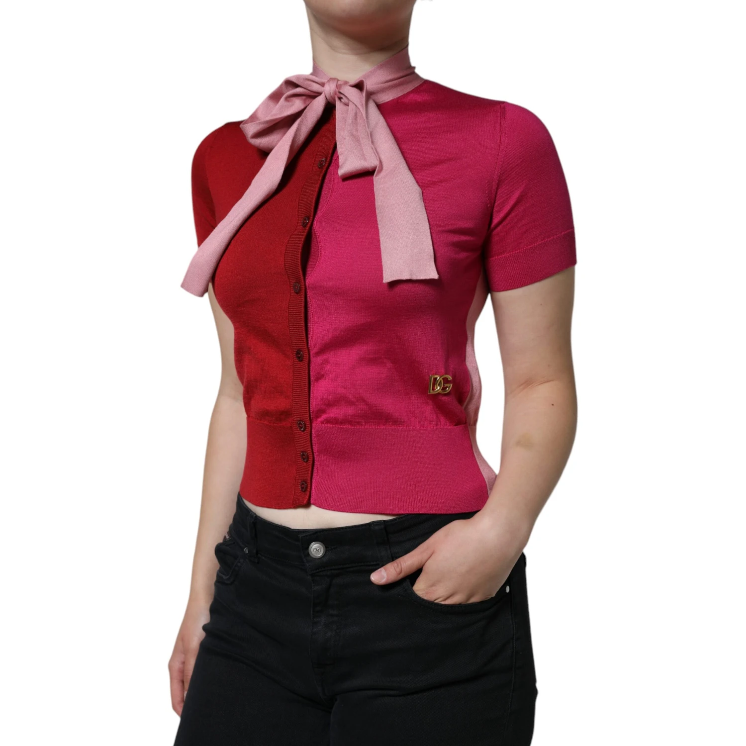 Pink Short Sleeves Pullover Ascot Collar Top