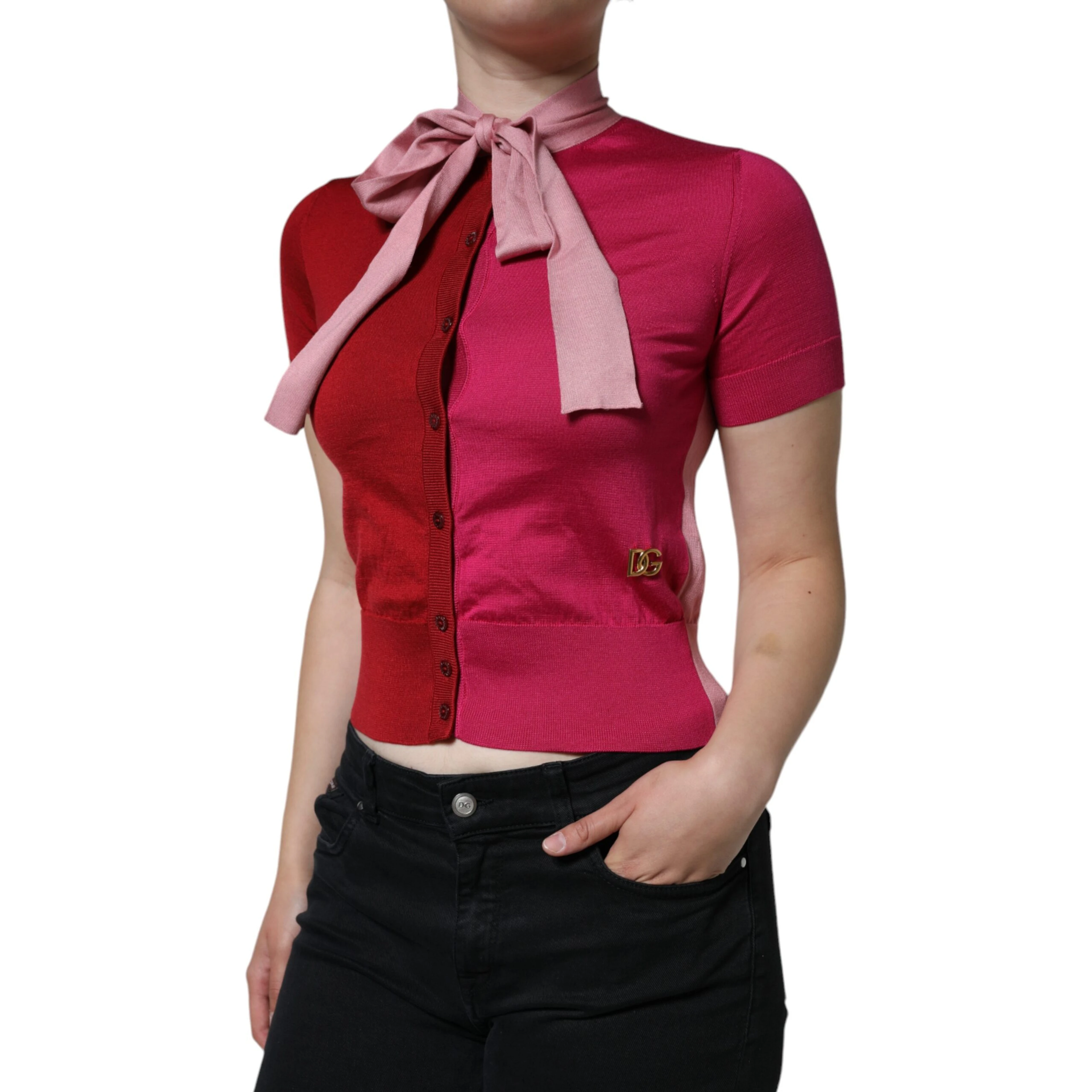 Pink Short Sleeves Pullover Ascot Collar Top