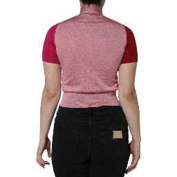 Pink Short Sleeves Pullover Ascot Collar Top