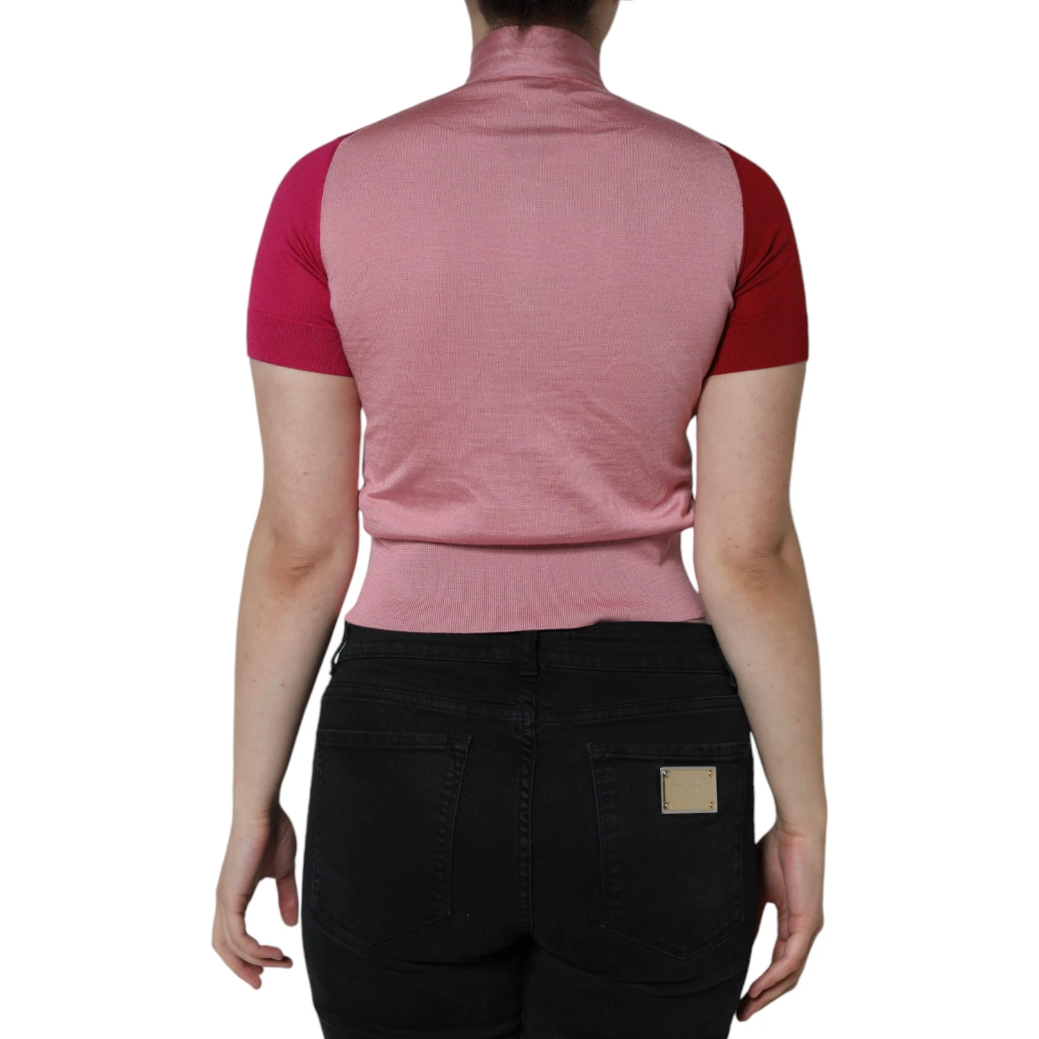 Pink Short Sleeves Pullover Ascot Collar Top