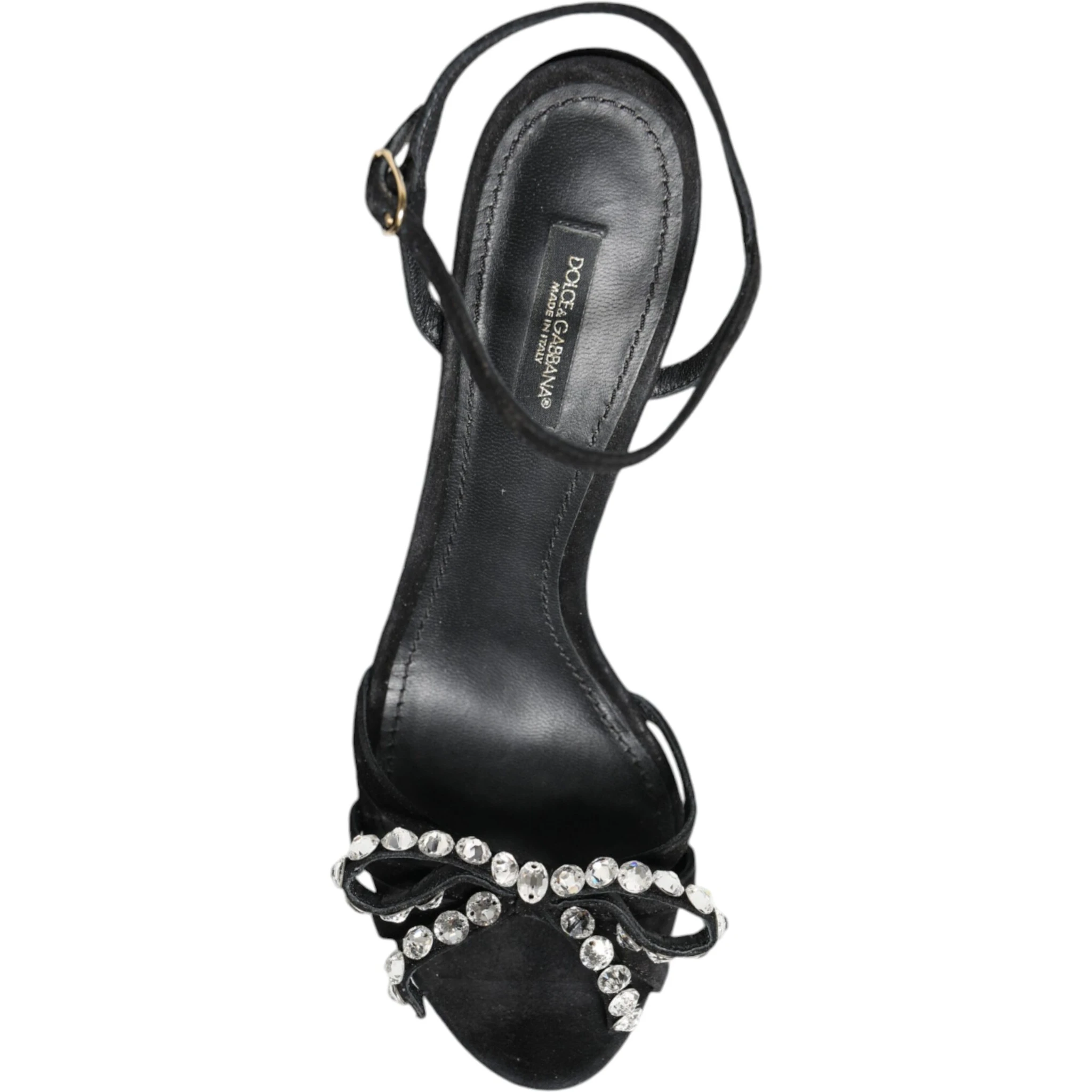 Black Leather Crystal Bow Heels Sandals Shoes