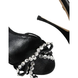 Black Leather Crystal Bow Heels Sandals Shoes