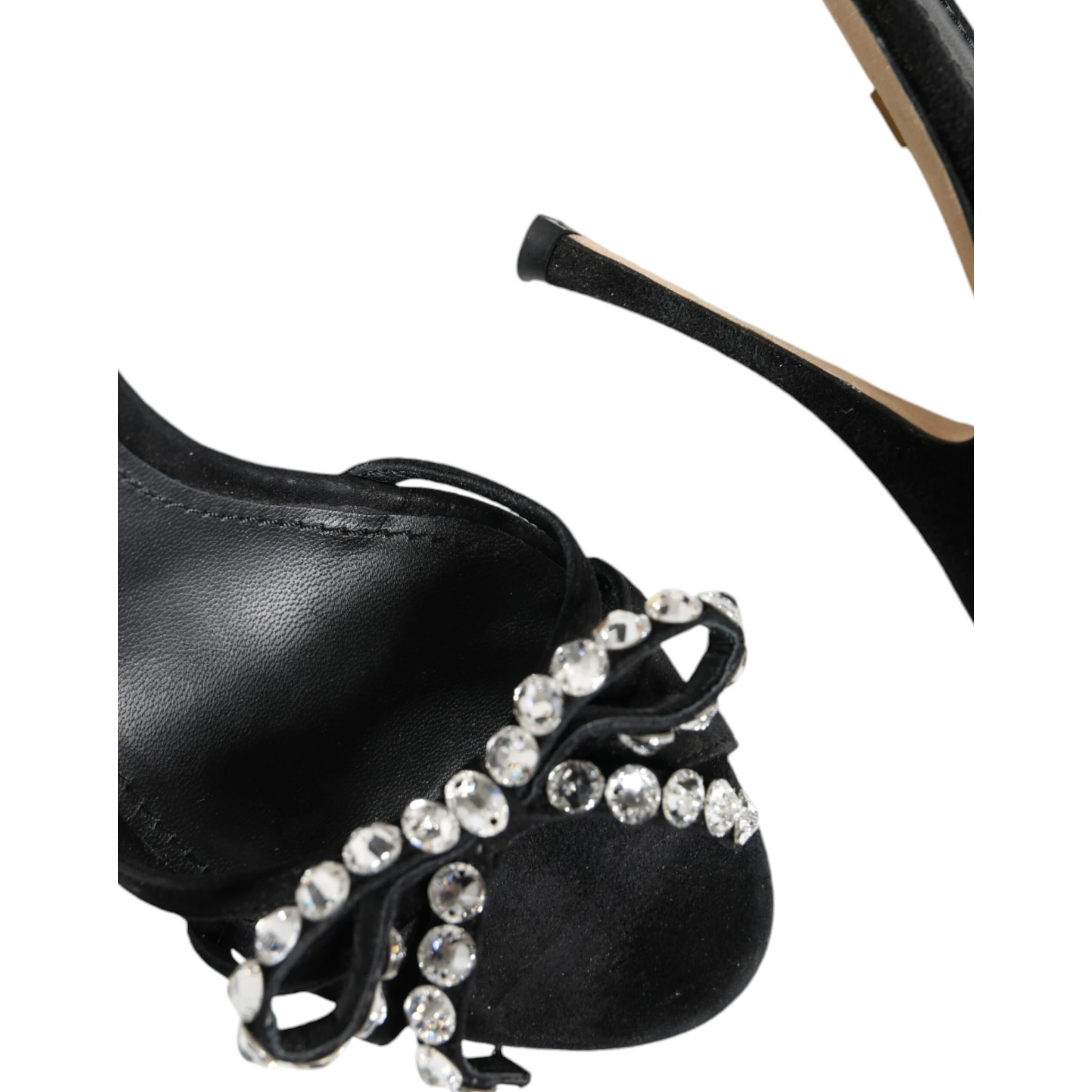 Black Leather Crystal Bow Heels Sandals Shoes