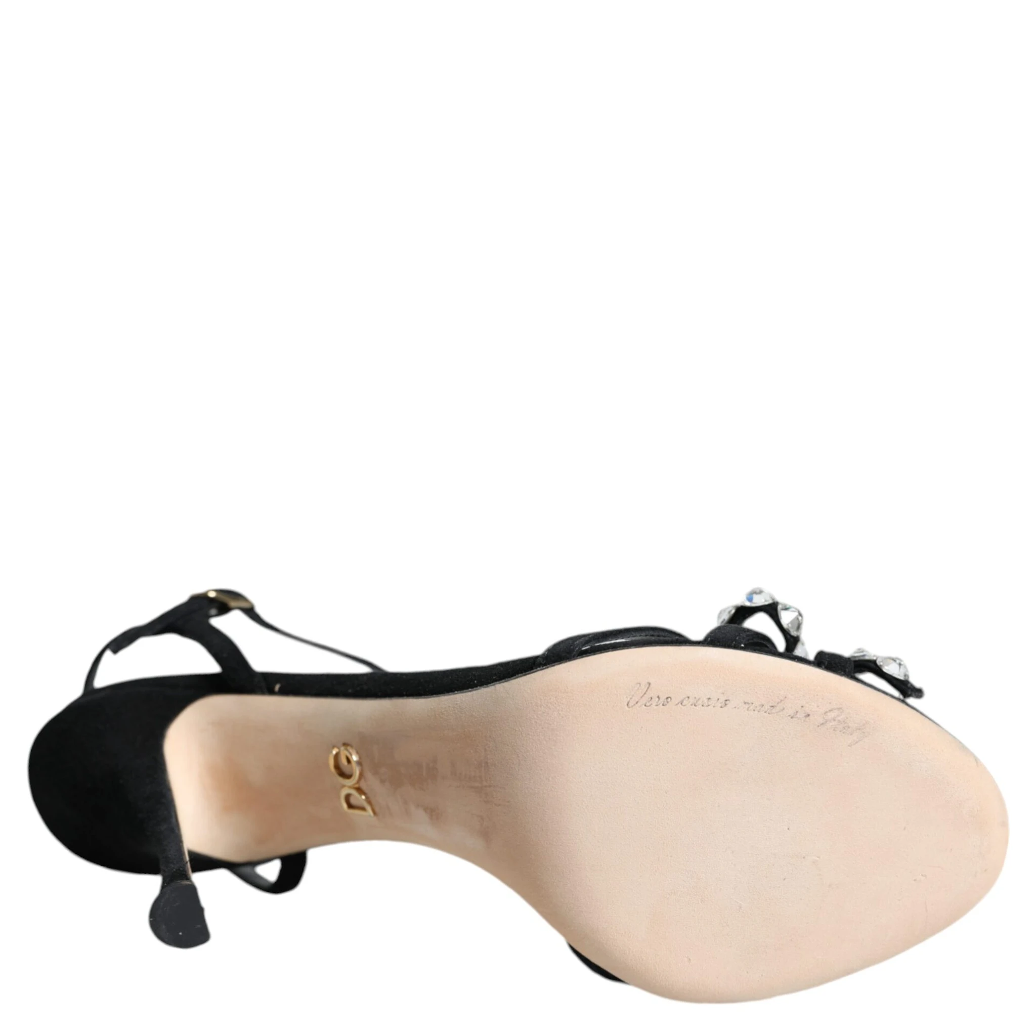 Black Leather Crystal Bow Heels Sandals Shoes