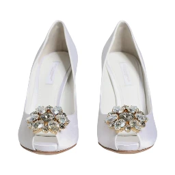 White Crystals Peep Toe Satin Pumps Shoes