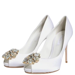 White Crystals Peep Toe Satin Pumps Shoes