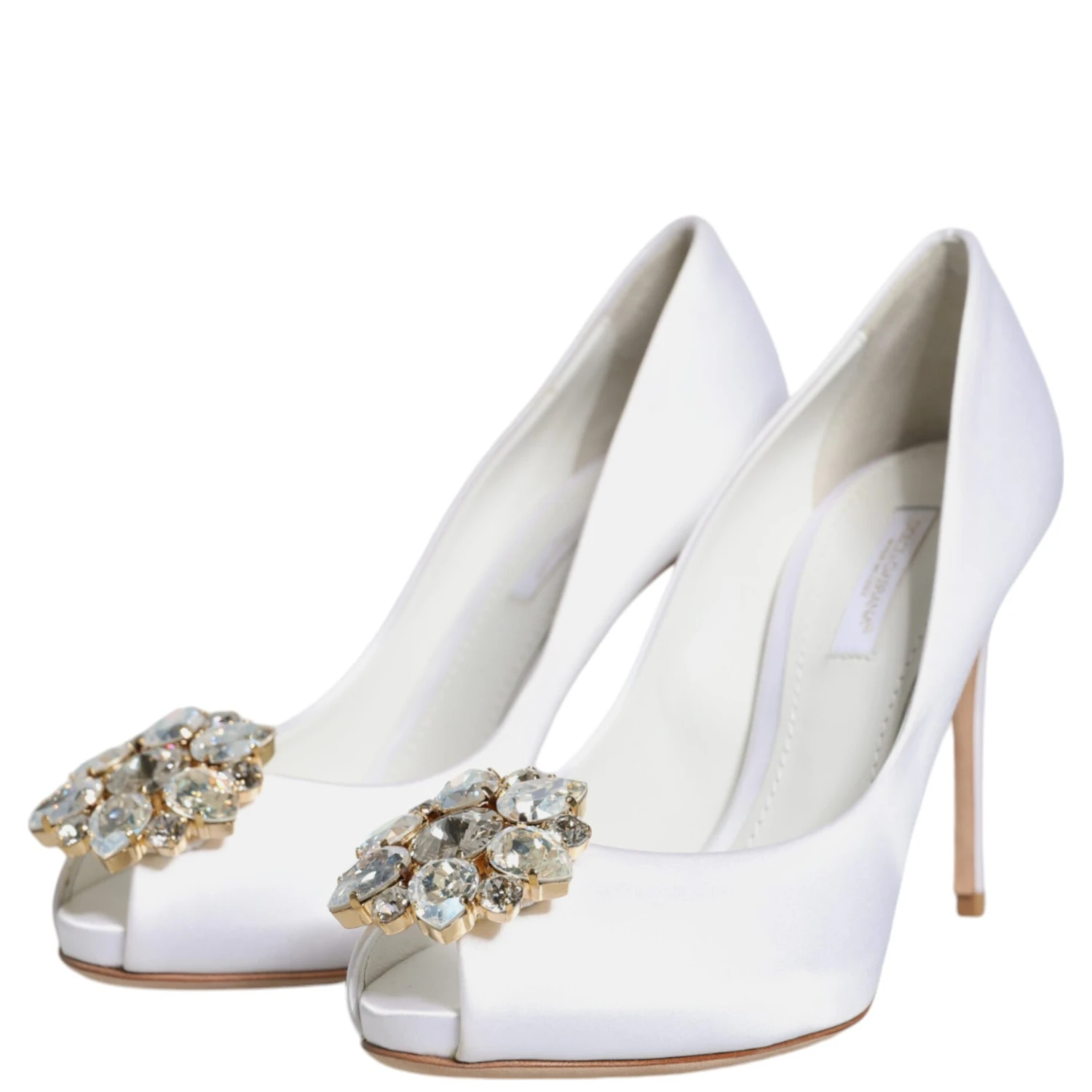 White Crystals Peep Toe Satin Pumps Shoes