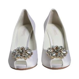 White Crystals Peep Toe Satin Pumps Shoes