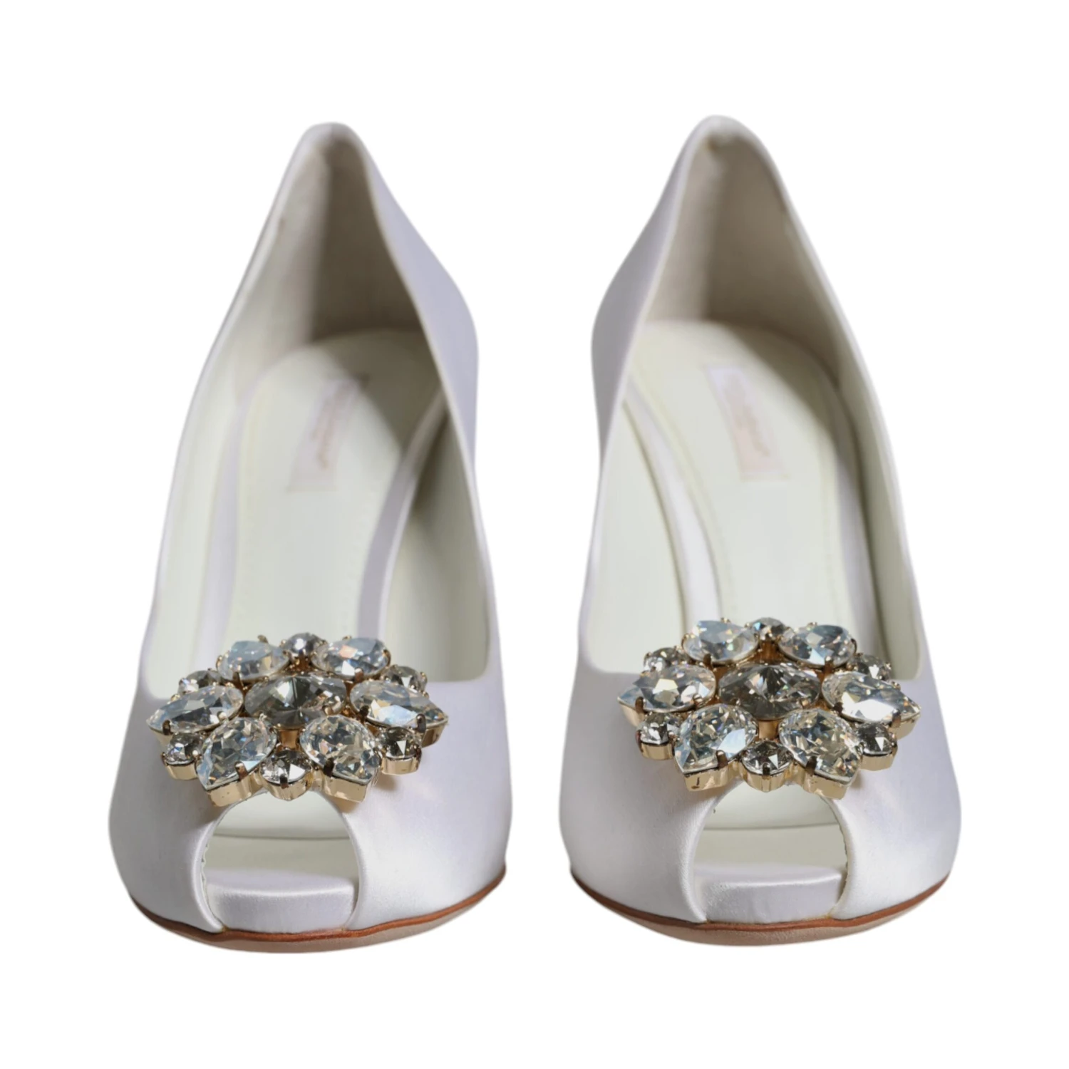 White Crystals Peep Toe Satin Pumps Shoes