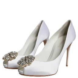 White Crystals Peep Toe Satin Pumps Shoes